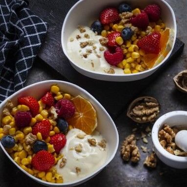 fruit salad with young corn, a dish of the Mediterranean diet